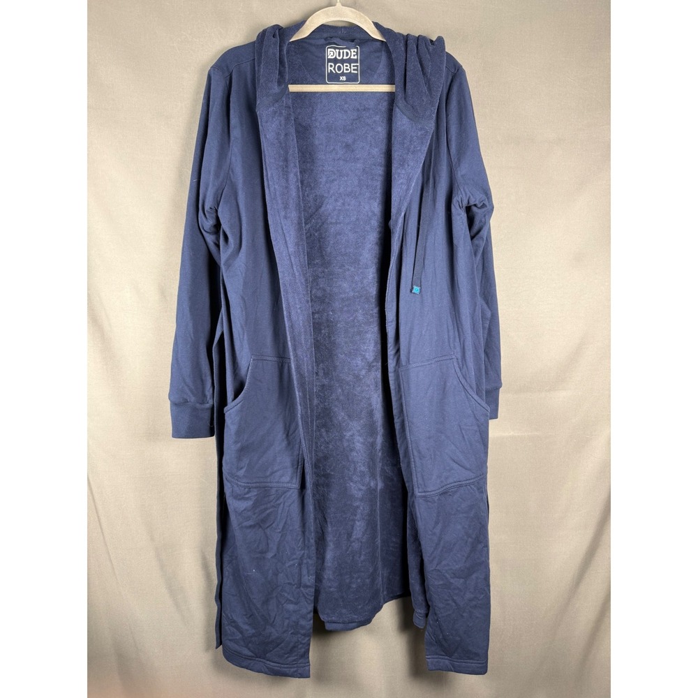 DudeRobe Hooded Robe Mens XS Navy Blue Cotton Terry Lined Jersey Loungewear